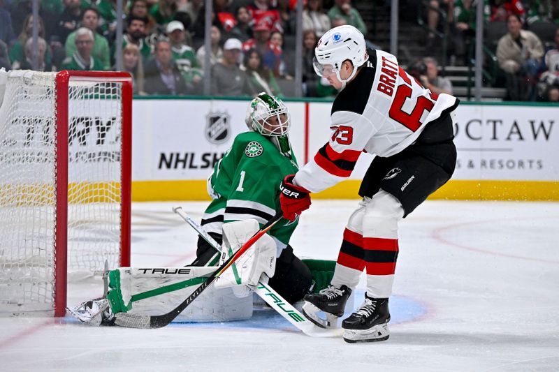 Mar 24, 2026; Dallas, Texas, USA; Dallas Stars goaltender Casey DeSmith (1) stops a breakaway shot by New Jersey Devils left wing Jesper Bratt (63) during the third period at the American Airlines Center. Mandatory Credit: Jerome Miron-Imagn Images