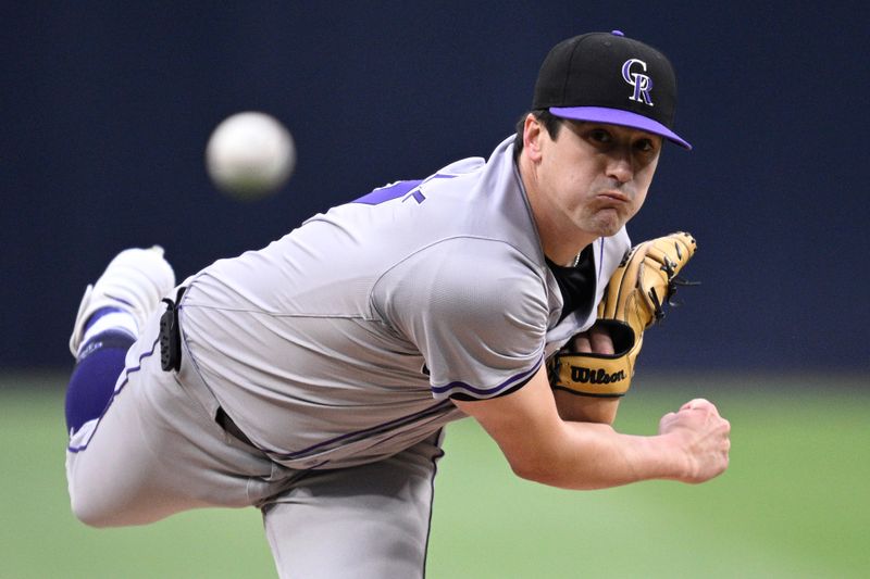 May 13, 2024; San Diego, California, USA; Colorado Rockies starting pitcher Cal Quantrill (47) throws a pitch against the San Diego Padres during the first inning at Petco Park. Mandatory Credit: Orlando Ramirez-USA TODAY Sports