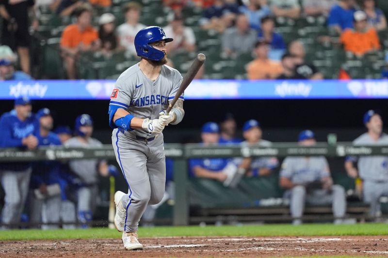 May 3, 2025; Baltimore, Maryland, USA; Kansas City Royals center fielder Kyle Isbel (28) watches his home run against the Baltimore Orioles during the eighth inning at Oriole Park at Camden Yards. Mandatory Credit: Gregory Fisher-Imagn Images