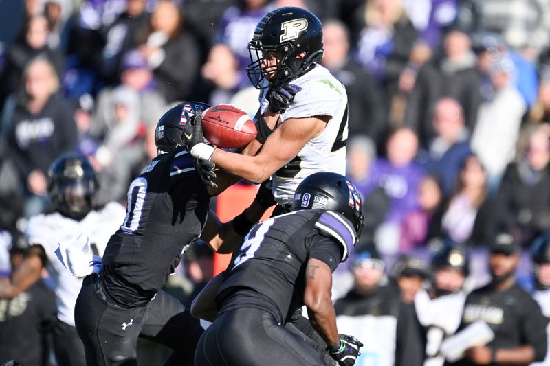 Nov 18, 2023; Evanston, Illinois, USA;  Purdue Boilermakers running back Devin Mockobee (45) catches a pass while being defended by Northwestern Wildcats defensive back Theran Johnson (10) and defensive back Devin Turner (9) in the third quarter at Ryan Field. Mandatory Credit: Jamie Sabau-USA TODAY Sports