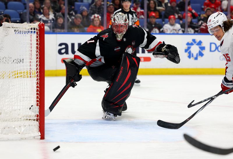 Apr 2, 2024; Buffalo, New York, USA;  Buffalo Sabres goaltender Ukko-Pekka Luukkonen (1) watches the puck after it hits the goal post during the second period against the Washington Capitals at KeyBank Center. Mandatory Credit: Timothy T. Ludwig-USA TODAY Sports