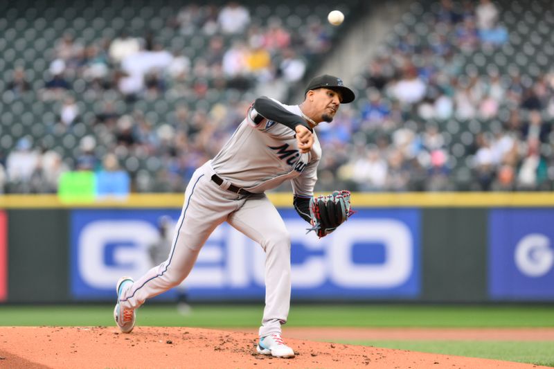 Jun 14, 2023; Seattle, Washington, USA; Miami Marlins starting pitcher Eury Perez (39) pitches to the Seattle Mariners during the first inning at T-Mobile Park. Mandatory Credit: Steven Bisig-USA TODAY Sports