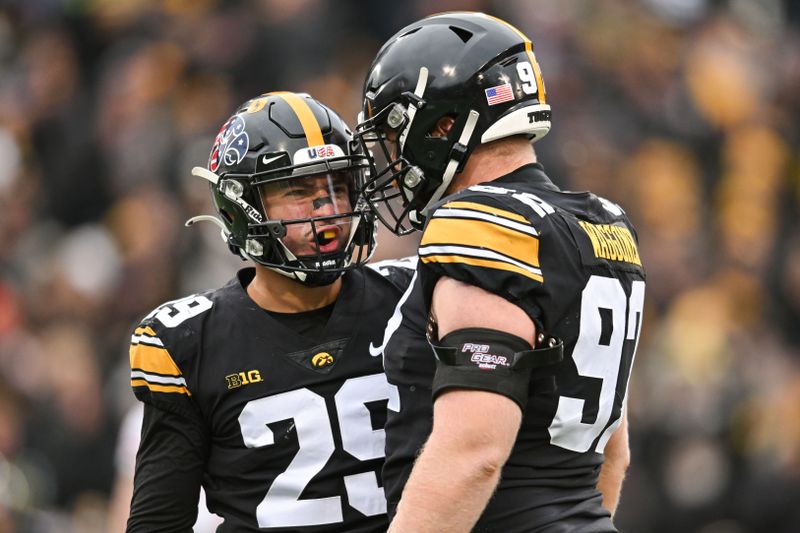 Nov 12, 2022; Iowa City, Iowa, USA; Iowa Hawkeyes defensive back Sebastian Castro (29) and defensive lineman John Waggoner (92) react during the second quarter against the Wisconsin Badgers at Kinnick Stadium. Mandatory Credit: Jeffrey Becker-USA TODAY Sports