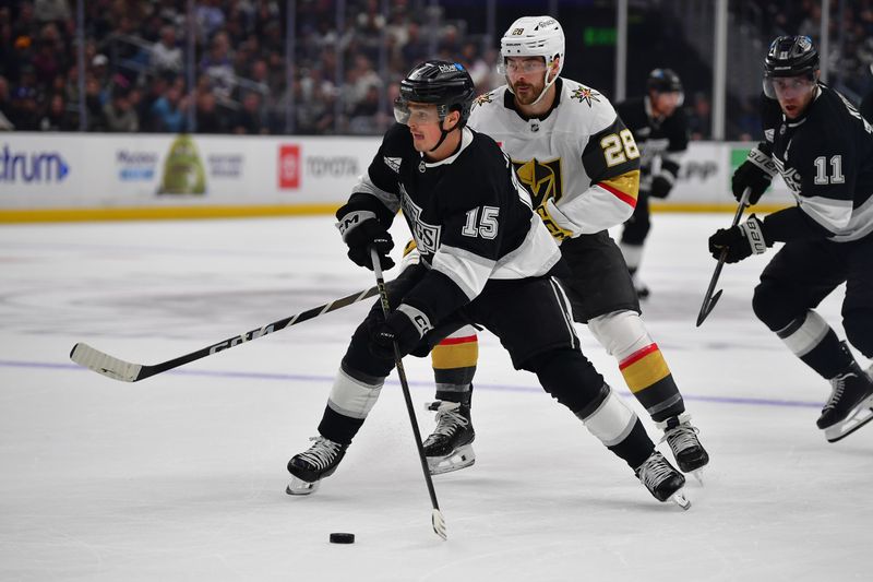 Feb 25, 2026; Los Angeles, California, USA; Los Angeles Kings center Alex Turcotte (15) moves in for a shot against the Vegas Golden Knights during the second period at Crypto.com Arena. Mandatory Credit: Gary A. Vasquez-Imagn Images