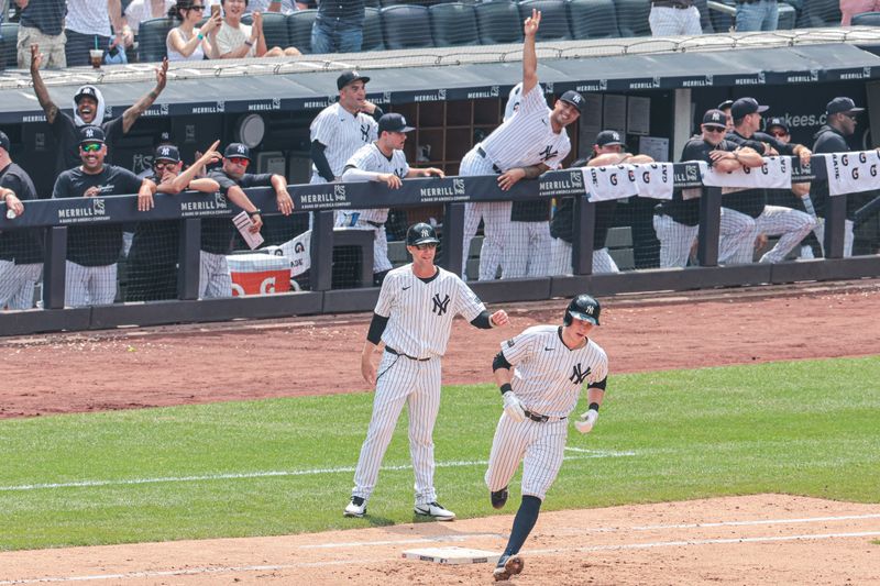 Jul 6, 2024; Bronx, New York, USA; New York Yankees first baseman Ben Rice (93) rounds first base after hitting a three run home run during the fifth inning against the Boston Red Sox at Yankee Stadium. Mandatory Credit: Vincent Carchietta-USA TODAY Sports