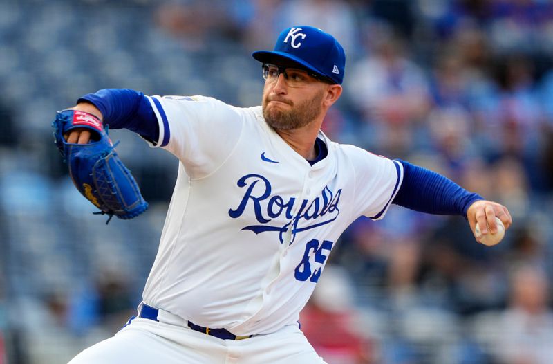 May 28, 2025; Kansas City, Missouri, USA; Kansas City Royals starting pitcher Noah Cameron (65) pitches during the first inning against the Cincinnati Reds at Kauffman Stadium. Mandatory Credit: Jay Biggerstaff-Imagn Images