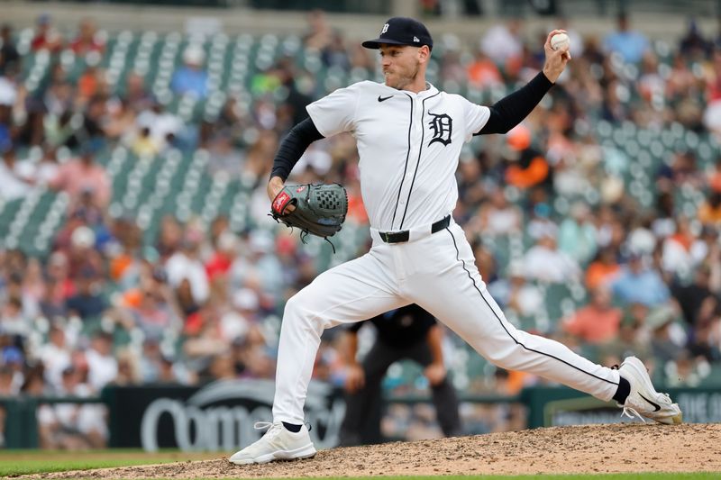 Jun 26, 2024; Detroit, Michigan, USA; Detroit Tigers relief pitcher Joey Wentz (43) throws against the Philadelphia Phillies in the eighth inning at Comerica Park. Mandatory Credit: Rick Osentoski-USA TODAY Sports