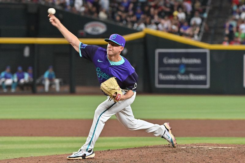 May 16, 2025; Phoenix, Arizona, USA;  Arizona Diamondbacks pitcher Scott McGough throws in the ninth inning against the Colorado Rockies at Chase Field. Mandatory Credit: Matt Kartozian-Imagn Images