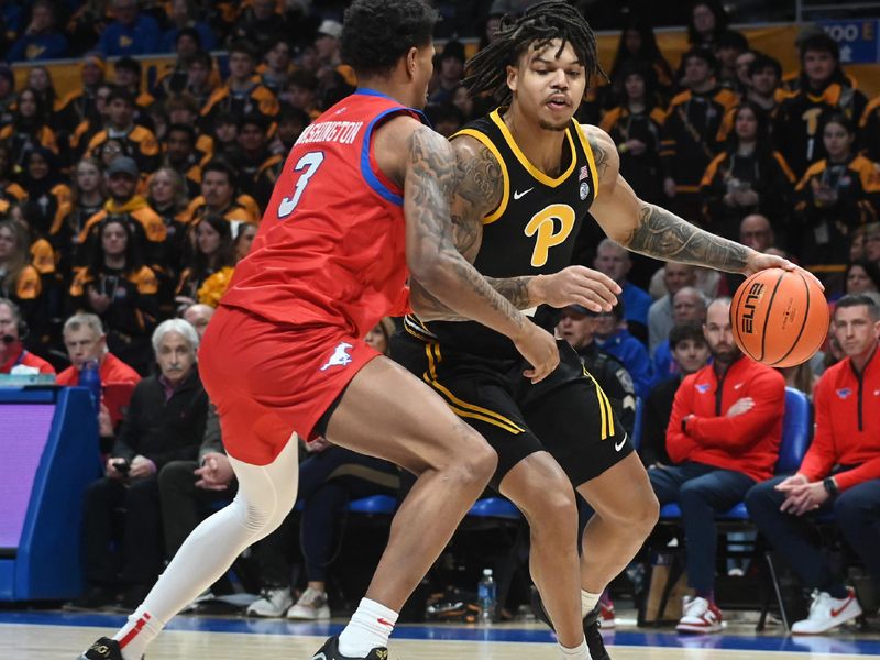 Feb 7, 2026; Pittsburgh, Pennsylvania, USA;  Pittsburgh Panthers forward Cameron Corhen (2) drives the ball on SMU Mustangs forward Corey Washington (3) during the first half  at Petersen Events Center. Mandatory Credit: Philip G. Pavely-Imagn Images