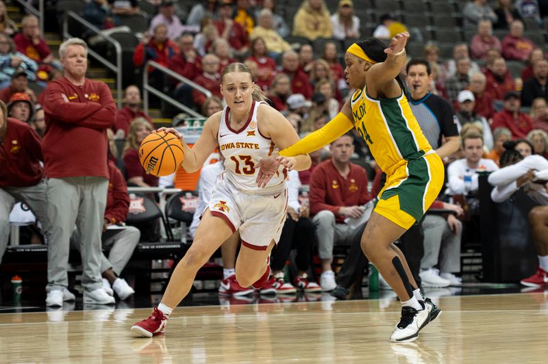 Mar 9, 2024; Kansas City, MO, USA; Iowa State Cyclones guard Hannah Belanger (13) handles the ball while defended by Baylor Lady Bears guard Sarah Andrews (24) during the second half at T-Mobile Center. Mandatory Credit: Amy Kontras-USA TODAY Sports