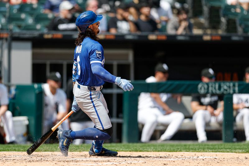 Jun 8, 2025; Chicago, Illinois, USA; Kansas City Royals second baseman Jonathan India (6) hits an RBI-double against the Chicago White Sox during the seventh inning at Rate Field. Mandatory Credit: Kamil Krzaczynski-Imagn Images