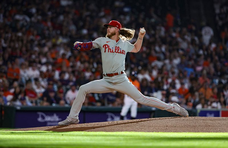 Apr 30, 2023; Houston, Texas, USA; Philadelphia Phillies starting pitcher Bailey Falter (70) delivers a pitch during the first inning against the Houston Astros at Minute Maid Park. Mandatory Credit: Troy Taormina-USA TODAY Sports