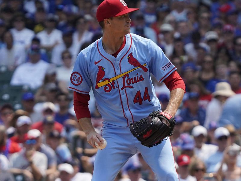 Aug 3, 2024; Chicago, Illinois, USA; St. Louis Cardinals pitcher Kyle Gibson (44) throws the ball against the Chicago Cubs during the first inning at Wrigley Field. Mandatory Credit: David Banks-USA TODAY Sports