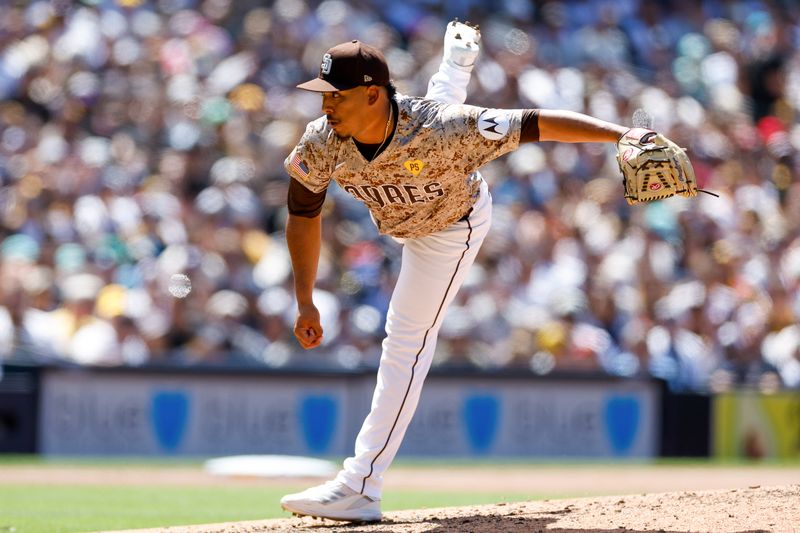 May 26, 2024; San Diego, California, USA;  San Diego Padres relief pitcher Jeremiah Estrada (56) throws a pitch during the sixth inning against the New York Yankees at Petco Park. Mandatory Credit: David Frerker-USA TODAY Sports