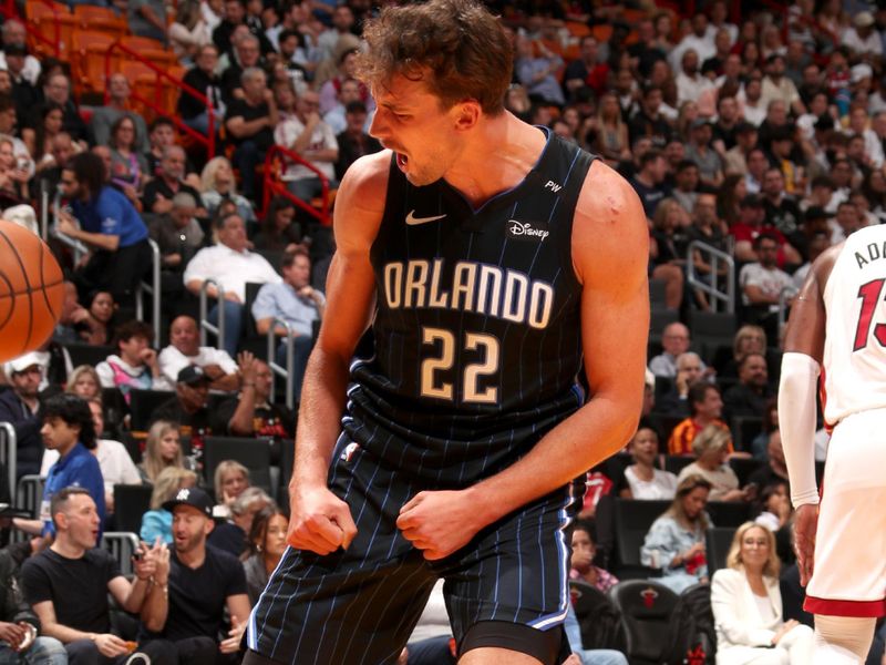 MIAMI, FL - OCTOBER 23: Franz Wagner #22 of the Orlando Magic celebrates during the game against the Miami Heat on October 23, 2024 at Kaseya Center in Miami, Florida. NOTE TO USER: User expressly acknowledges and agrees that, by downloading and or using this Photograph, user is consenting to the terms and conditions of the Getty Images License Agreement. Mandatory Copyright Notice: Copyright 2024 NBAE (Photo by Issac Baldizon/NBAE via Getty Images)