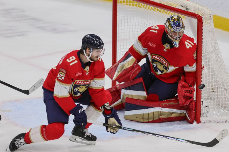 Jan 19, 2024; Sunrise, Florida, USA; Florida Panthers goaltender Anthony Stolarz (41) defends his net against the Minnesota Wild during the third period at Amerant Bank Arena. Mandatory Credit: Sam Navarro-USA TODAY Sports