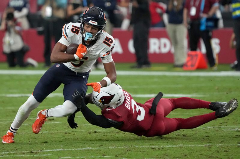 Chicago Bears wide receiver Rome Odunze (15) is hit by Arizona Cardinals safety Budda Baker (3) during the first half of an NFL football game, Sunday, Nov. 3, 2024, in Glendale, Ariz. (AP Photo/Rick Scuteri)