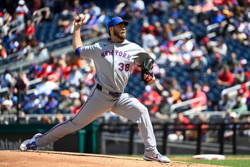 Apr 27, 2025; Washington, District of Columbia, USA; New York Mets starting pitcher Tylor Megill (38) throws to the Washington Nationals during the first inning at Nationals Park. Mandatory Credit: Brad Mills-Imagn Images