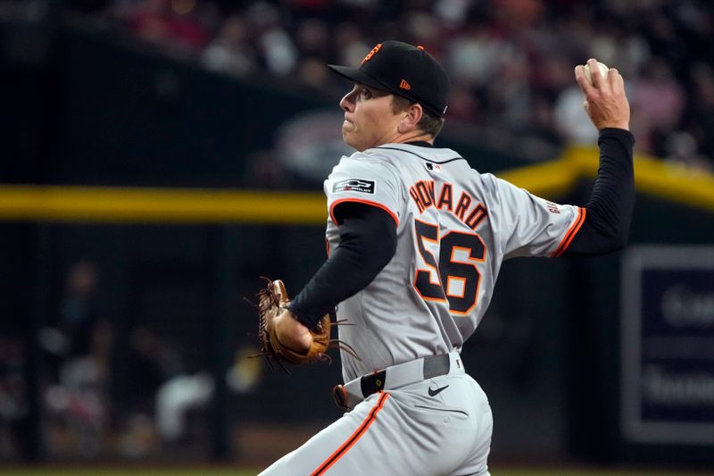 Jun 3, 2024; Phoenix, Arizona, USA; San Francisco Giants pitcher Spencer Howard (56) throws against the Arizona Diamondbacks in the second inning at Chase Field. Mandatory Credit: Rick Scuteri-USA TODAY Sports