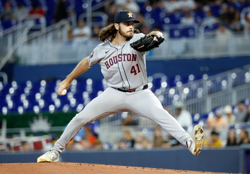 Aug 6, 2025; Miami, Florida, USA;  Houston Astros starting pitcher Spencer Arrighetti (41) pitches against the Miami Marlins during the first inning at loanDepot Park. Mandatory Credit: Rhona Wise-Imagn Images