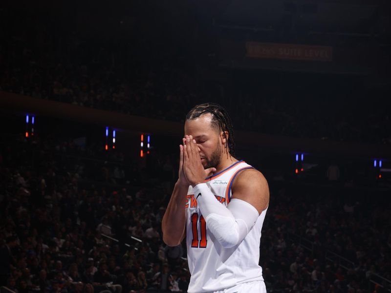 NEW YORK, NY - JANUARY 8:   Jalen Brunson #11 of the New York Knicks looks on during the game against the Toronto Raptors on January 8, 2025 at Madison Square Garden in New York City, New York.  NOTE TO USER: User expressly acknowledges and agrees that, by downloading and or using this photograph, User is consenting to the terms and conditions of the Getty Images License Agreement. Mandatory Copyright Notice: Copyright 2024 NBAE  (Photo by Nathaniel S. Butler/NBAE via Getty Images)