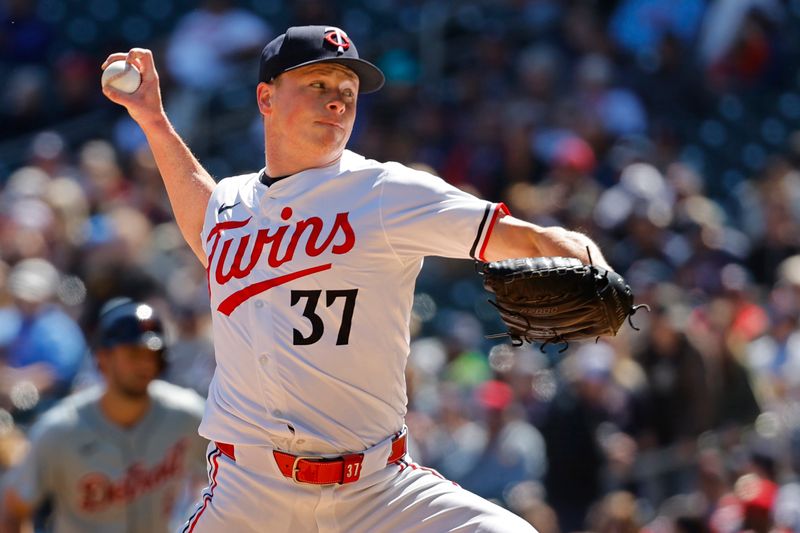 Apr 21, 2024; Minneapolis, Minnesota, USA; Minnesota Twins starting pitcher  Louie Varland (37) throws to the Detroit Tigers in the first inning at Target Field. Mandatory Credit: Bruce Kluckhohn-USA TODAY Sports