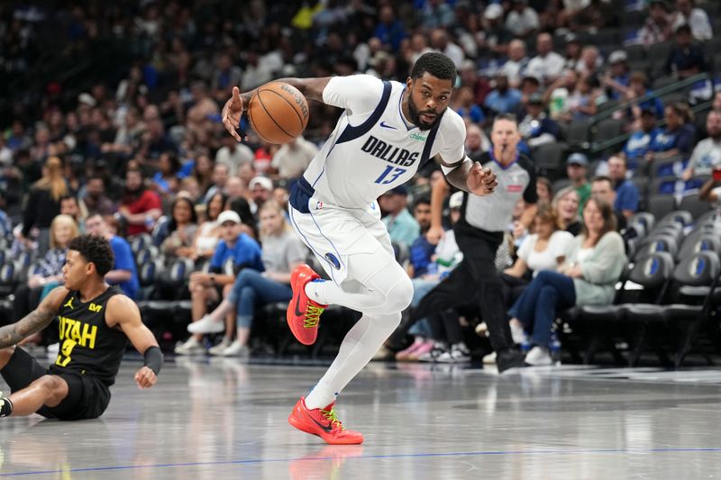 DALLAS, TX - OCTOBER 10: Naji Marshall #13 of the Dallas Mavericks dribbles the ball during the game against the Utah Jazz on October 10, 2024 at American Airlines Center in Dallas, Texas. NOTE TO USER: User expressly acknowledges and agrees that, by downloading and or using this photograph, User is consenting to the terms and conditions of the Getty Images License Agreement. Mandatory Copyright Notice: Copyright 2024 NBAE (Photo by Glenn James/NBAE via Getty Images)