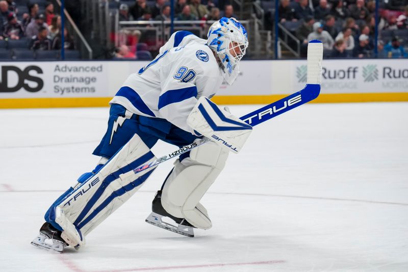 Nov 2, 2023; Columbus, Ohio, USA;  Tampa Bay Lightning goaltender Matt Tomkins (90) skates to the bench as he is pulled during the game against the Columbus Blue Jackets in the third period at Nationwide Arena. Mandatory Credit: Aaron Doster-USA TODAY Sports