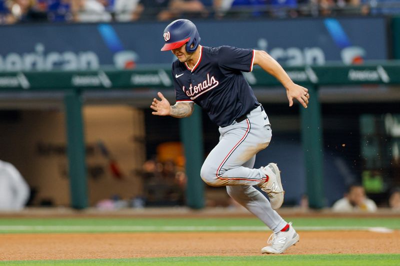 May 1, 2024; Arlington, Texas, USA; Washington Nationals third base Nick Senzel (13) heads to second base during the seventh inning against the Texas Rangers at Globe Life Field. Mandatory Credit: Andrew Dieb-USA TODAY Sports