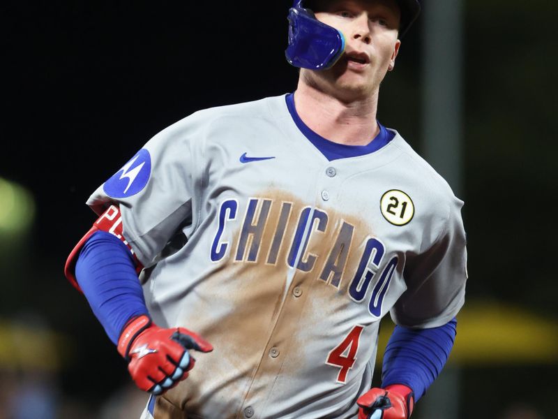 Sep 15, 2025; Pittsburgh, Pennsylvania, USA;  Chicago Cubs center fielder Pete Crow-Armstrong (4) circles the bases on a solo home run against the Pittsburgh Pirates during the sixth inning at PNC Park. Mandatory Credit: Charles LeClaire-Imagn Images