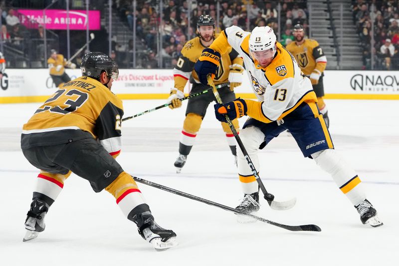 Feb 20, 2024; Las Vegas, Nevada, USA; Vegas Golden Knights defenseman Alec Martinez (23) deflects a shot attempt by Nashville Predators center Yakov Trenin (13) during the first period at T-Mobile Arena. Mandatory Credit: Stephen R. Sylvanie-USA TODAY Sports