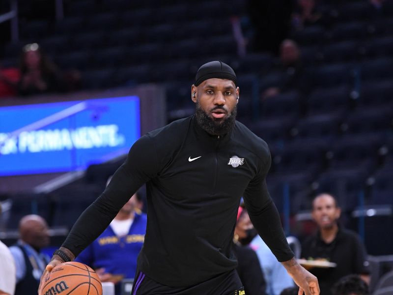 SAN FRANCISCO, CA - OCTOBER 18: LeBron James #23 of the Los Angeles Lakers warms up before the game against the Golden State Warriors during a NBA Preseason game on October 18, 2024 at Chase Center in San Francisco, California. NOTE TO USER: User expressly acknowledges and agrees that, by downloading and or using this photograph, user is consenting to the terms and conditions of Getty Images License Agreement. Mandatory Copyright Notice: Copyright 2024 NBAE (Photo by Noah Graham/NBAE via Getty Images)