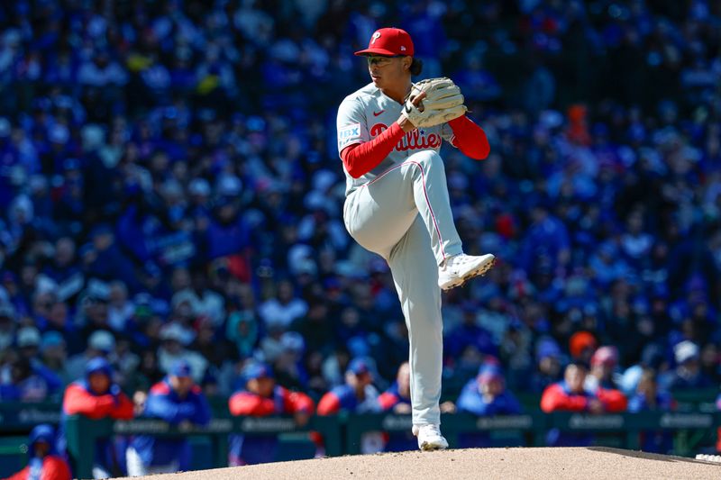 Apr 26, 2025; Chicago, Illinois, USA; Philadelphia Phillies starting pitcher Jesús Luzardo (44) delivers a pitch against the Chicago Cubs during the first inning at Wrigley Field. Mandatory Credit: Kamil Krzaczynski-Imagn Images