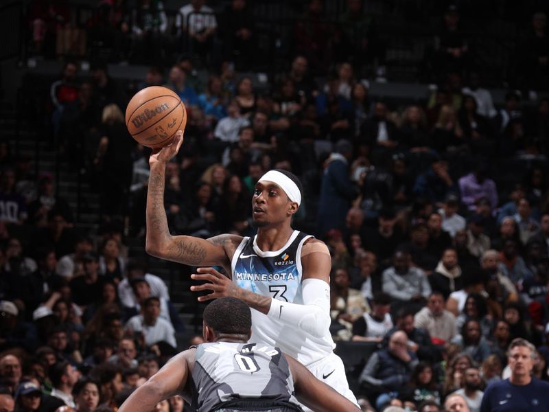 BROOKLYN, NY - APRIL 3:  Jaden McDaniels #3 of the Minnesota Timberwolves looks to pass the ball during the game against the Brooklyn Nets on April 3, 2025 at Barclays Center in Brooklyn, New York. NOTE TO USER: User expressly acknowledges and agrees that, by downloading and or using this Photograph, user is consenting to the terms and conditions of the Getty Images License Agreement. Mandatory Copyright Notice: Copyright 2025 NBAE (Photo by Nathaniel S. Butler/NBAE via Getty Images)