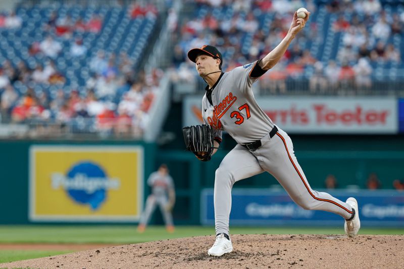 Apr 24, 2025; Washington, District of Columbia, USA; Baltimore Orioles pitcher Cade Povich (37) pitches against the Washington Nationals during the second inning at Nationals Park. Mandatory Credit: Geoff Burke-Imagn Images