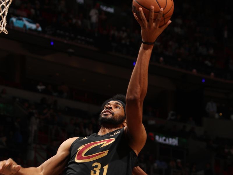 MIAMI, FL - DECEMBER 8: Jarrett Allen #31 of the Cleveland Cavaliers shoots the ball during the game against the Miami Heat on December 8, 2024 at Kaseya Center in Miami, Florida. NOTE TO USER: User expressly acknowledges and agrees that, by downloading and or using this Photograph, user is consenting to the terms and conditions of the Getty Images License Agreement. Mandatory Copyright Notice: Copyright 2024 NBAE (Photo by Issac Baldizon/NBAE via Getty Images)