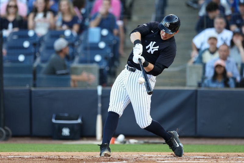 Mar 14, 2025; Tampa, Florida, USA; New York Yankees first baseman Ben Rice (93) hits a two-run home run against the Philadelphia Phillies in the second inning during spring training at George M. Steinbrenner Field. Mandatory Credit: Nathan Ray Seebeck-Imagn Images