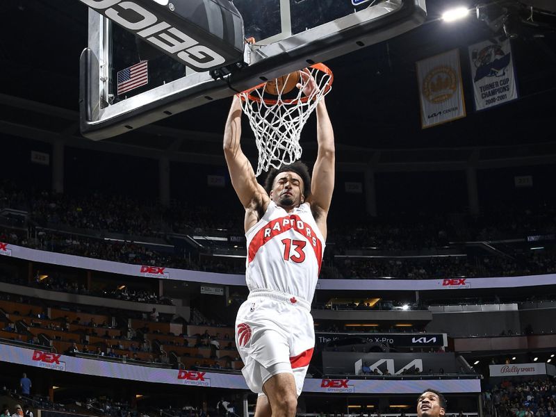 ORLANDO, FL - MARCH 17: Jordan Nwora #13 of the Toronto Raptors dunks the ball during the game against the Orlando Magic on March 17, 2024 at the Kia Center in Orlando, Florida. NOTE TO USER: User expressly acknowledges and agrees that, by downloading and or using this photograph, User is consenting to the terms and conditions of the Getty Images License Agreement. Mandatory Copyright Notice: Copyright 2024 NBAE (Photo by Fernando Medina/NBAE via Getty Images)