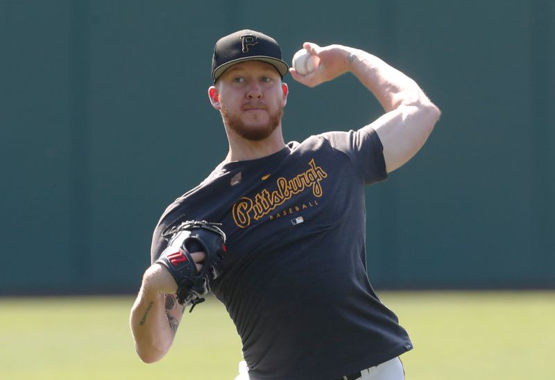 Sep 6, 2023; Pittsburgh, Pennsylvania, USA;  Pittsburgh Pirates pitcher Bailey Falter (44) throws in the outfield before the game against the Milwaukee Brewers at PNC Park. Mandatory Credit: Charles LeClaire-USA TODAY Sports