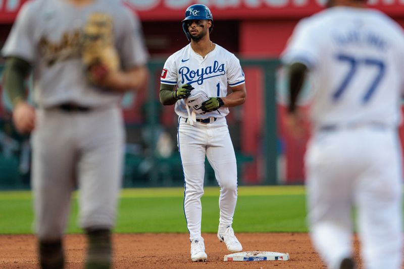 May 18, 2024; Kansas City, Missouri, USA; Kansas City Royals outfielder MJ Melendez (1) on second base after hitting a double during the fourth inning against the Oakland Athletics at Kauffman Stadium. Mandatory Credit: William Purnell-USA TODAY Sports