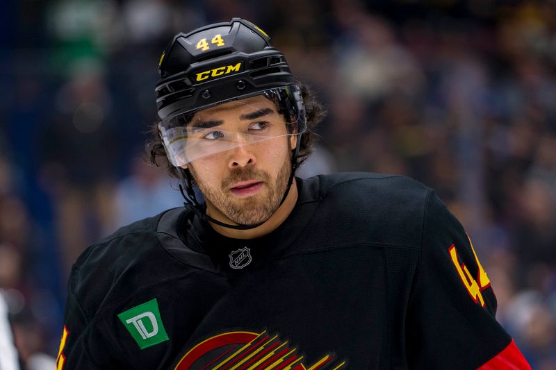 Oct 30, 2024; Vancouver, British Columbia, CAN; Vancouver Canucks forward Kiefer Sherwood (44) during a stop in play against the New Jersey Devils in the second period at Rogers Arena. Mandatory Credit: Bob Frid-Imagn Images