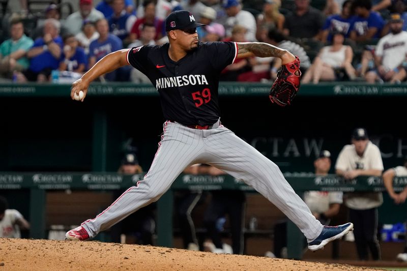 Aug 16, 2024; Arlington, Texas, USA; Minnesota Twins pitcher Jhoan Duran (59) throws to the plate during the ninth inning against the Texas Rangers at Globe Life Field. Mandatory Credit: Raymond Carlin III-USA TODAY Sports