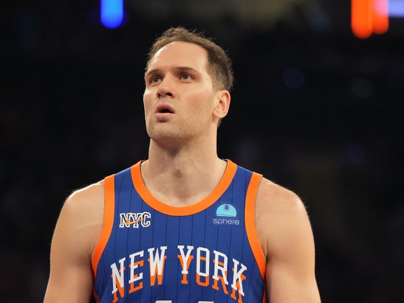 NEW YORK, NY - FEBRUARY 10: Bojan Bogdanovic #44 of the New York Knicks shoots a free throw during the game against the Indiana Pacers on February 10, 2024 at Madison Square Garden in New York City, New York.  NOTE TO USER: User expressly acknowledges and agrees that, by downloading and or using this photograph, User is consenting to the terms and conditions of the Getty Images License Agreement. Mandatory Copyright Notice: Copyright 2024 NBAE  (Photo by Jesse D. Garrabrant/NBAE via Getty Images)