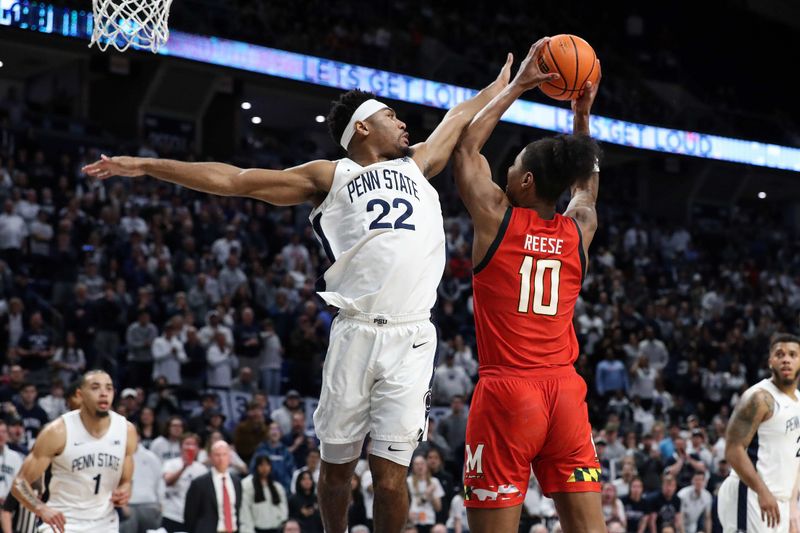 Mar 5, 2023; University Park, Pennsylvania, USA; Penn State Nittany Lions guard Jalen Pickett (22) attempts to block a shot attempted by Maryland Terrapins forward Julian Reese (10) during the second half at Bryce Jordan Center. Mandatory Credit: Matthew OHaren-USA TODAY Sports