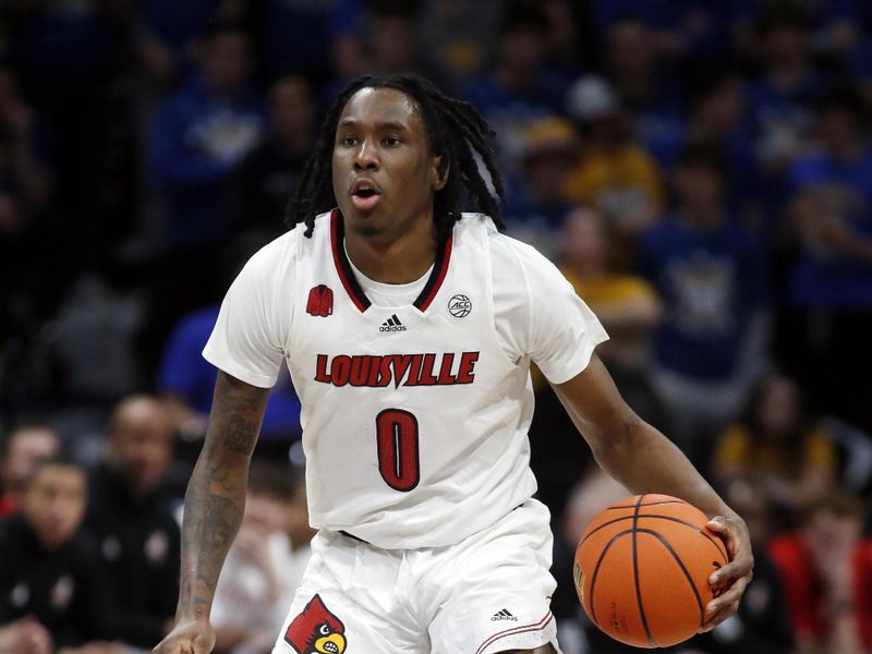 Feb 17, 2024; Pittsburgh, Pennsylvania, USA;  Louisville Cardinals guard Mike James (0) brings the ball up court against the Pittsburgh Panthers during the first half at the Petersen Events Center. Pittsburgh won 86-59. Mandatory Credit: Charles LeClaire-USA TODAY Sports