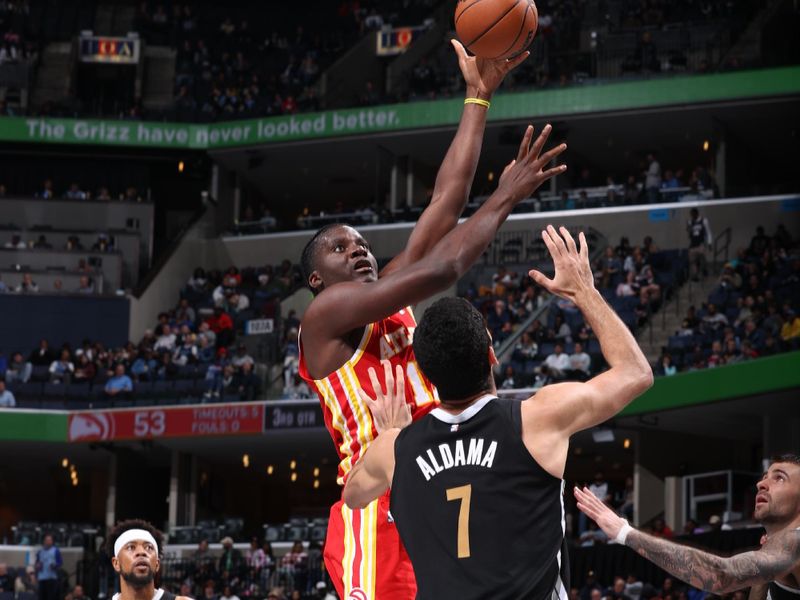 MEMPHIS, TN - MARCH 8: Clint Capela #15 of the Atlanta Hawks drives to the basket during the game against the Memphis Grizzlies on March 8, 2024 at FedExForum in Memphis, Tennessee. NOTE TO USER: User expressly acknowledges and agrees that, by downloading and or using this photograph, User is consenting to the terms and conditions of the Getty Images License Agreement. Mandatory Copyright Notice: Copyright 2024 NBAE (Photo by Joe Murphy/NBAE via Getty Images)