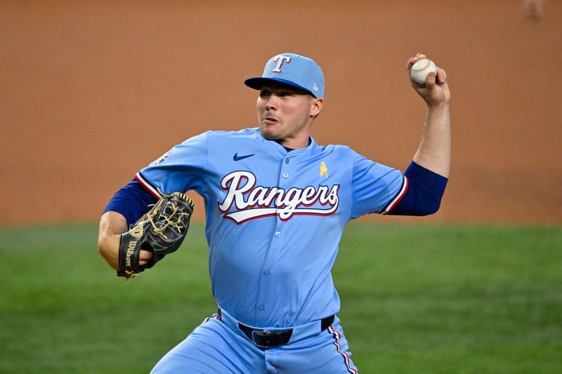 Sep 1, 2024; Arlington, Texas, USA; Texas Rangers starting pitcher Walter Pennington (52) pitches against the Oakland Athletics during the first inning at Globe Life Field. Mandatory Credit: Jerome Miron-USA TODAY Sports