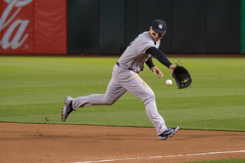 Jun 27, 2023; Oakland, California, USA; New York Yankees first baseman Anthony Rizzo (48) fields a ground ball during the eighth inning at Oakland-Alameda County Coliseum. Mandatory Credit: Ed Szczepanski-USA TODAY Sports