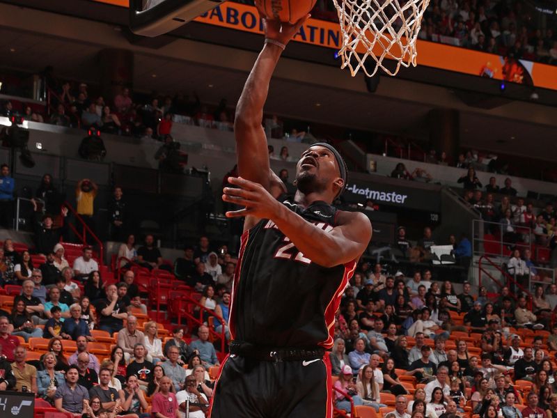 MIAMI, FL - MARCH 2: Jimmy Butler #22 of the Miami Heat drives to the basket during the game against the Utah Jazz on March 2, 2024 at Kaseya Center in Miami, Florida. NOTE TO USER: User expressly acknowledges and agrees that, by downloading and or using this Photograph, user is consenting to the terms and conditions of the Getty Images License Agreement. Mandatory Copyright Notice: Copyright 2024 NBAE (Photo by Issac Baldizon/NBAE via Getty Images)