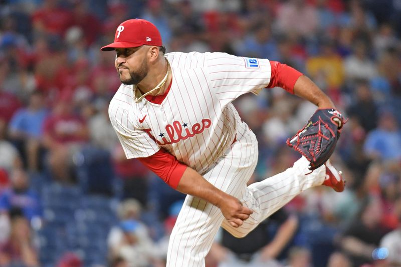 Aug 13, 2024; Philadelphia, Pennsylvania, USA; Philadelphia Phillies pitcher Carlos Estévez (53) throws a pitch during the ninth inning against the Miami Marlins at Citizens Bank Park. Mandatory Credit: Eric Hartline-USA TODAY Sports